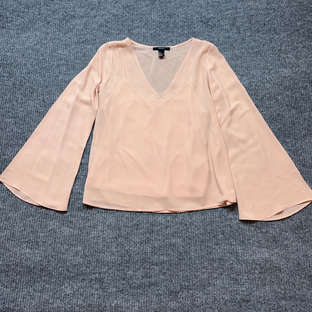 Pink Bell Sleeve Blouse Small Sheer V Neck Coquette Romantic Forever 21
